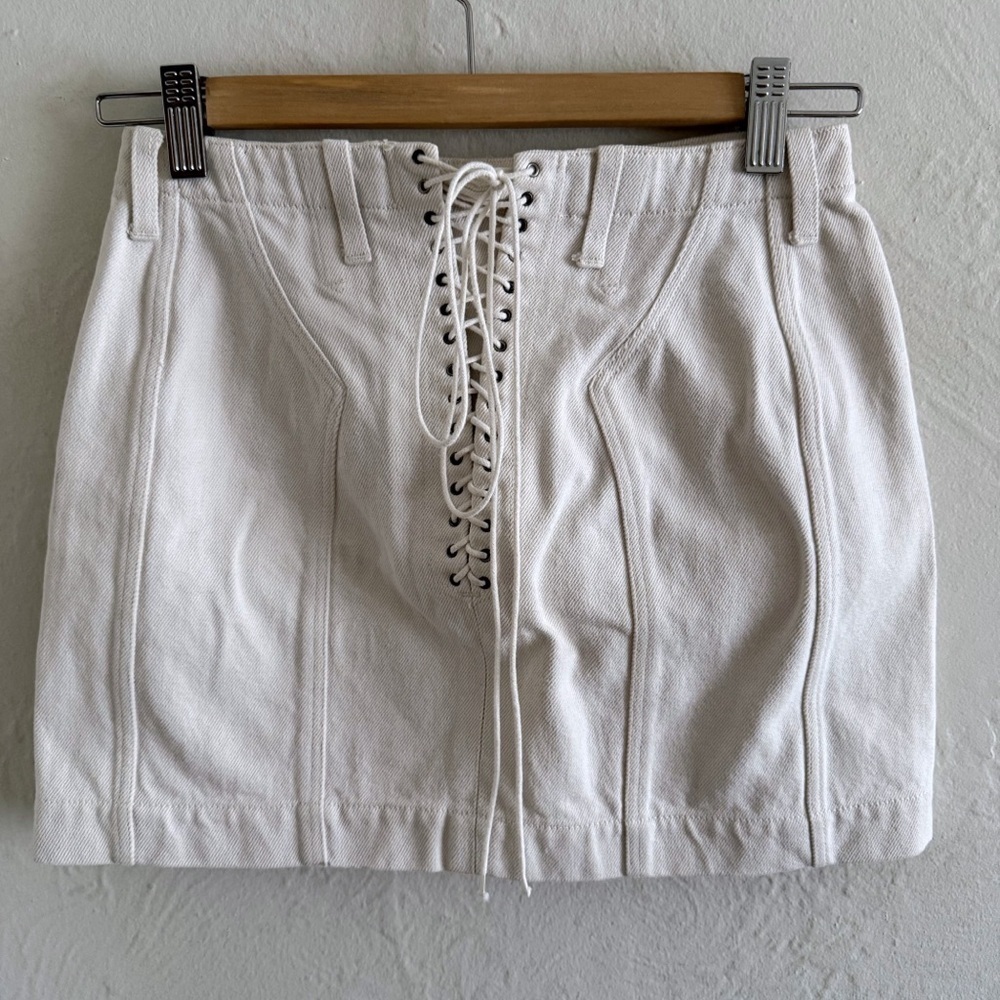 RARE Vintage Alaïa S/S 1991 Cream Denim Skirt With Back Lace-Up Detail Size 40